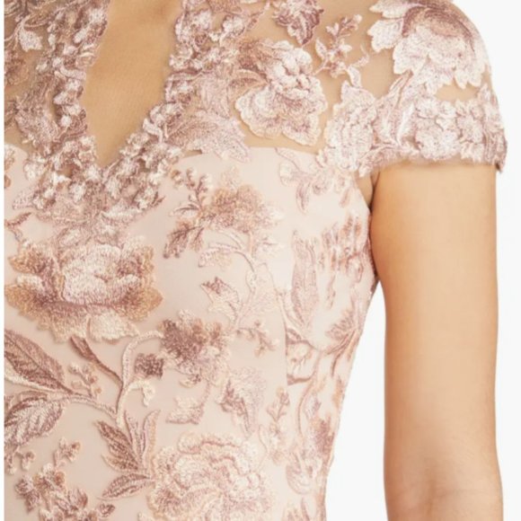 TADASHI SHOJI ANKUR FLORAL CAP SLEEVE SHEATH PEACH BLOSSOM DRESS sz 2 - Picture 6 of 7